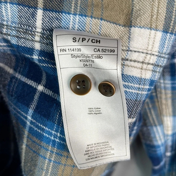 QUIKSILVER Mens Plaid Flannel Button Up Shirt Blue Tan Long Sleeve Logo Skate S - Picture 14 of 16